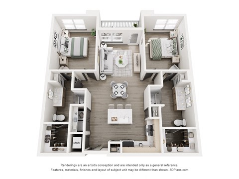 A floor plan of a house with a kitchen, living room, dining room, and two bedrooms.